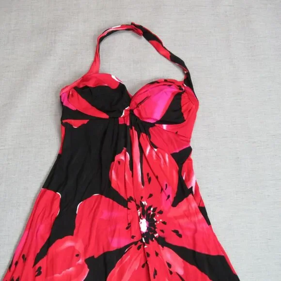 Maggy London Dress Womens Size 4 Black Red Floral Halter Sexy Flirty Tropical - Picture 3 of 10